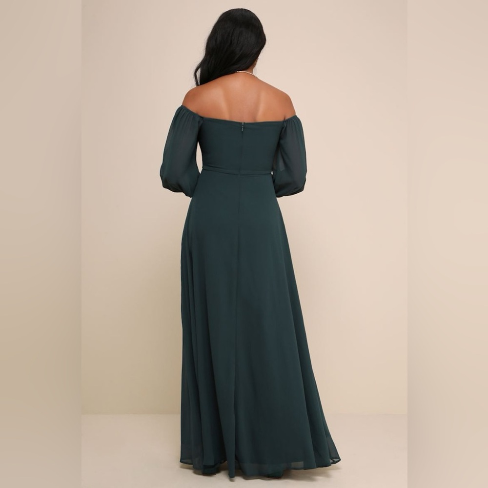 Lulu's Elegant Off-Shoulder Long Sleeve Dress in Dark Green - Picture 11 of 14
